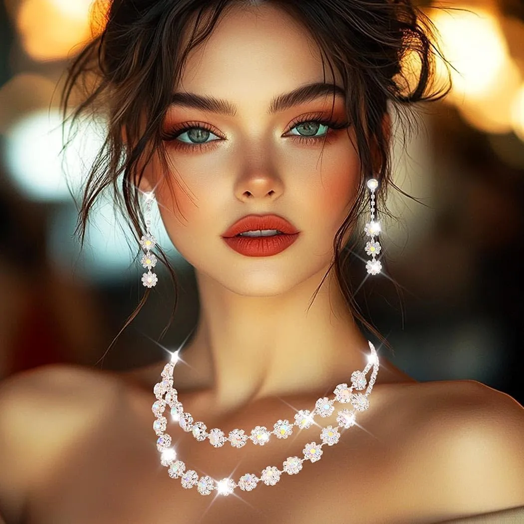 Nicute Crystal Jewelry Set for Women Rhinestone Necklace and Earrings Set Sparkly Wedding Dress Jewelry
