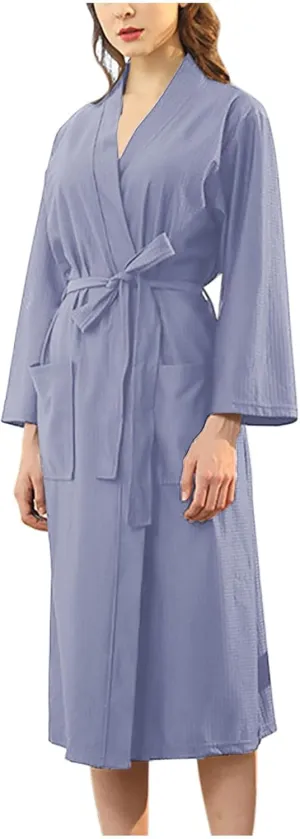Nightgown for Women Waffle Long Robe Knee Length Soft Cozy Bathrobe Plus Size Casual Loungewear with Pockets & Belt