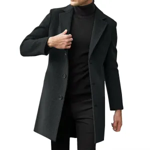 Notched Collar Trench Coat for Men Big and Tall Single Breasted Long Sleeve Winter Pea Coats Lapel Long Overcoats
