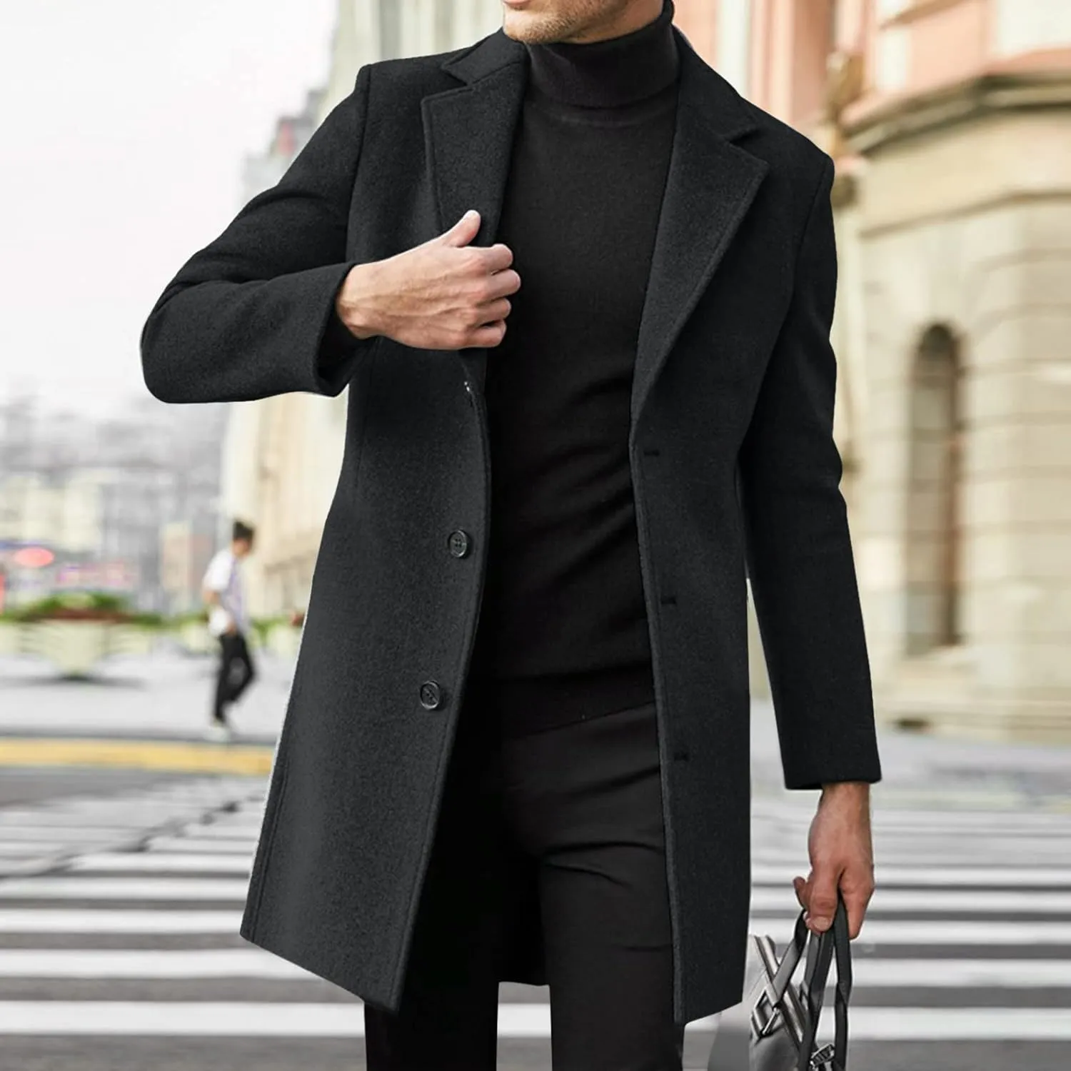 Notched Collar Trench Coat for Men Big and Tall Single Breasted Long Sleeve Winter Pea Coats Lapel Long Overcoats