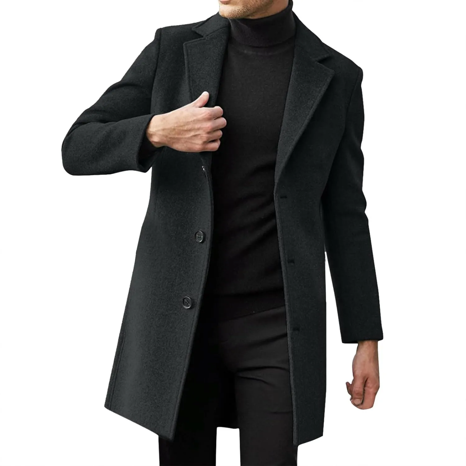 Notched Collar Trench Coat for Men Big and Tall Single Breasted Long Sleeve Winter Pea Coats Lapel Long Overcoats