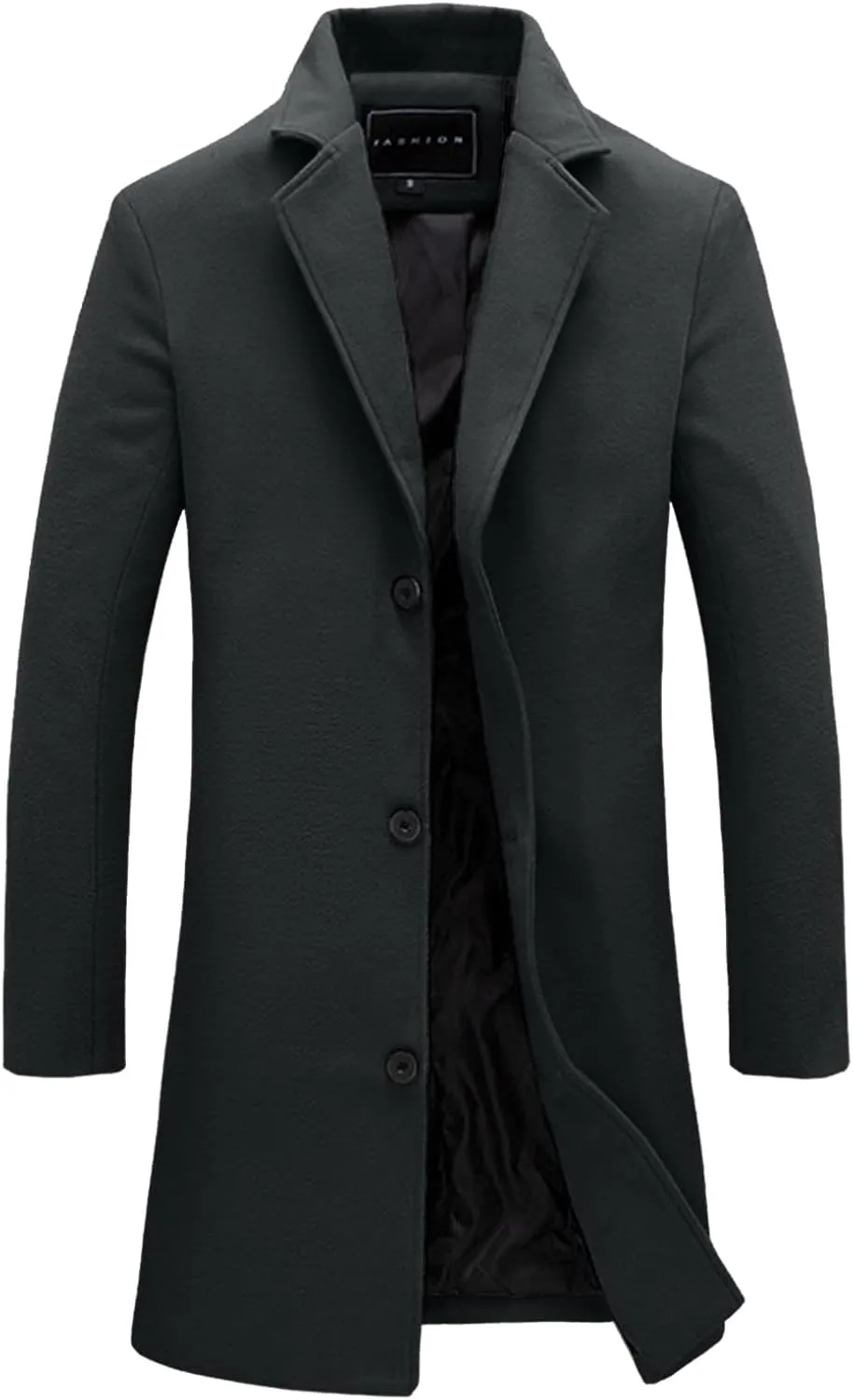 Notched Collar Trench Coat for Men Big and Tall Single Breasted Long Sleeve Winter Pea Coats Lapel Long Overcoats