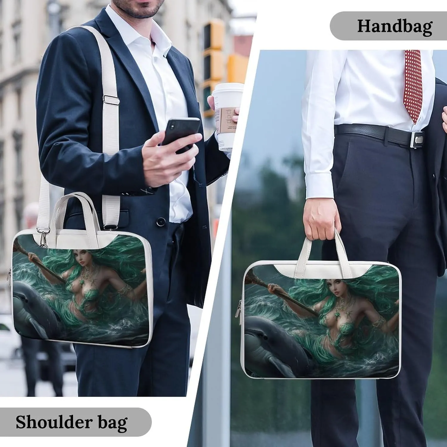 Ocean Goddess Dolphins Greek Myth Leather Bag Laptop Case Slim Water Resistant Computer Bags with Handle Briefcase for Work