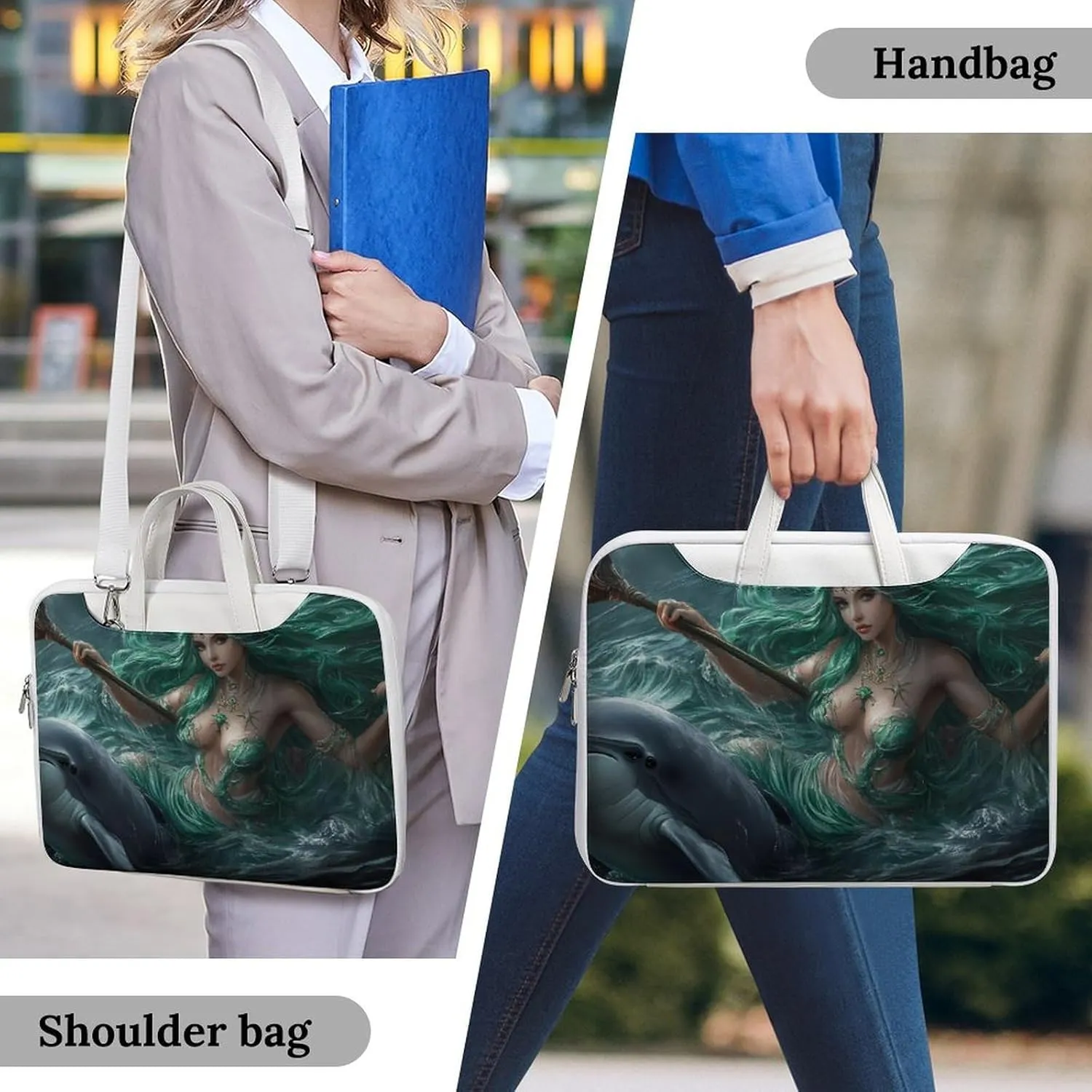 Ocean Goddess Dolphins Greek Myth Leather Bag Laptop Case Slim Water Resistant Computer Bags with Handle Briefcase for Work