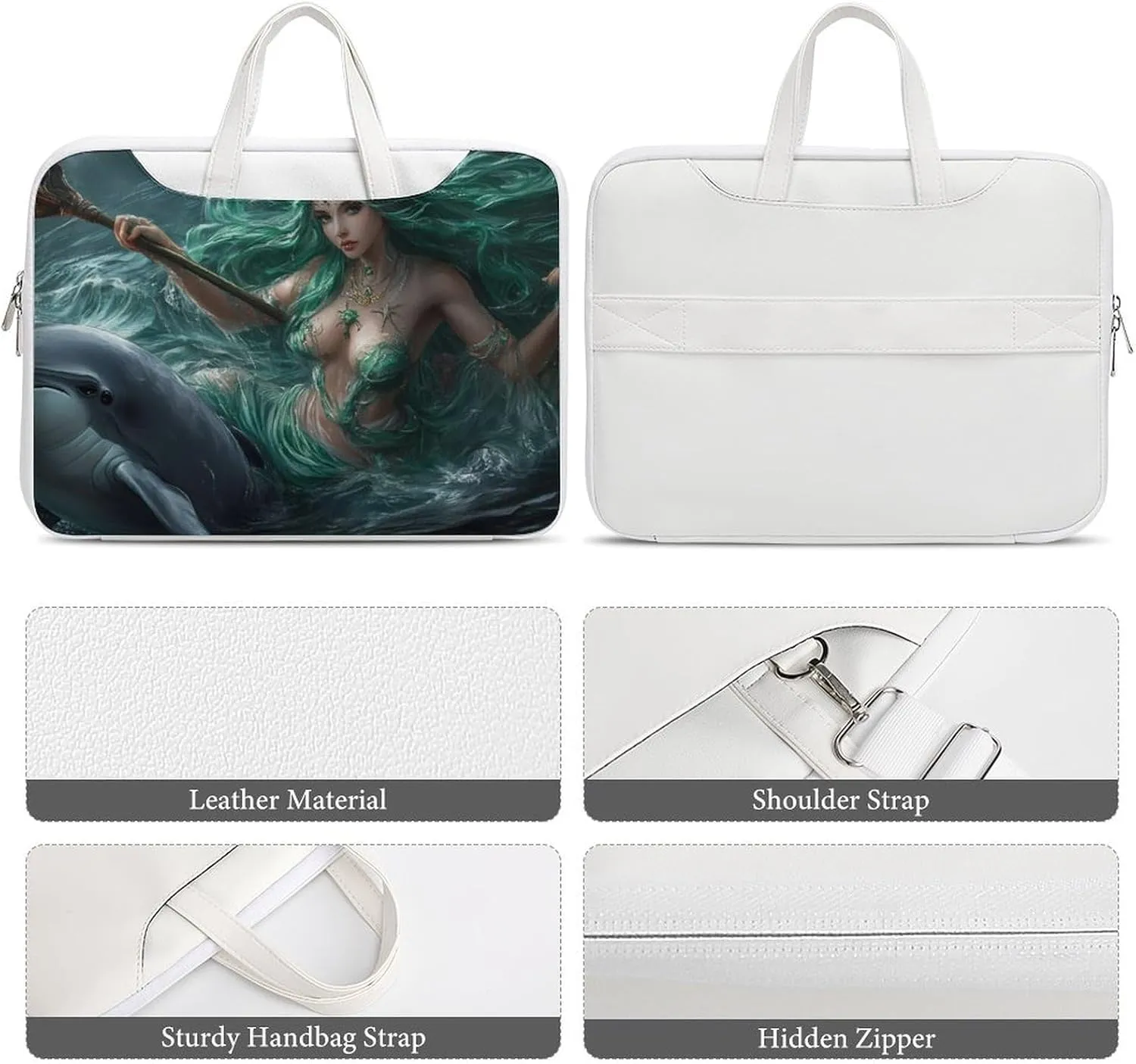 Ocean Goddess Dolphins Greek Myth Leather Bag Laptop Case Slim Water Resistant Computer Bags with Handle Briefcase for Work
