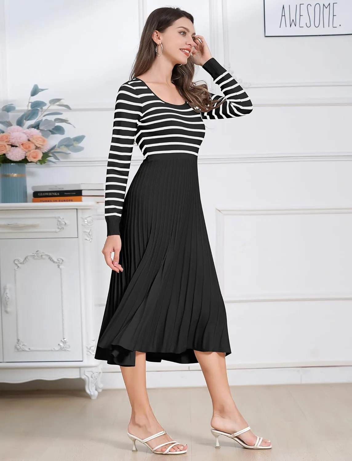 ODIZLI Women's Long Sleeve Knit Striped Sweater Dress Square Neck Pleated Ruffle Midi Dress Fall Winter