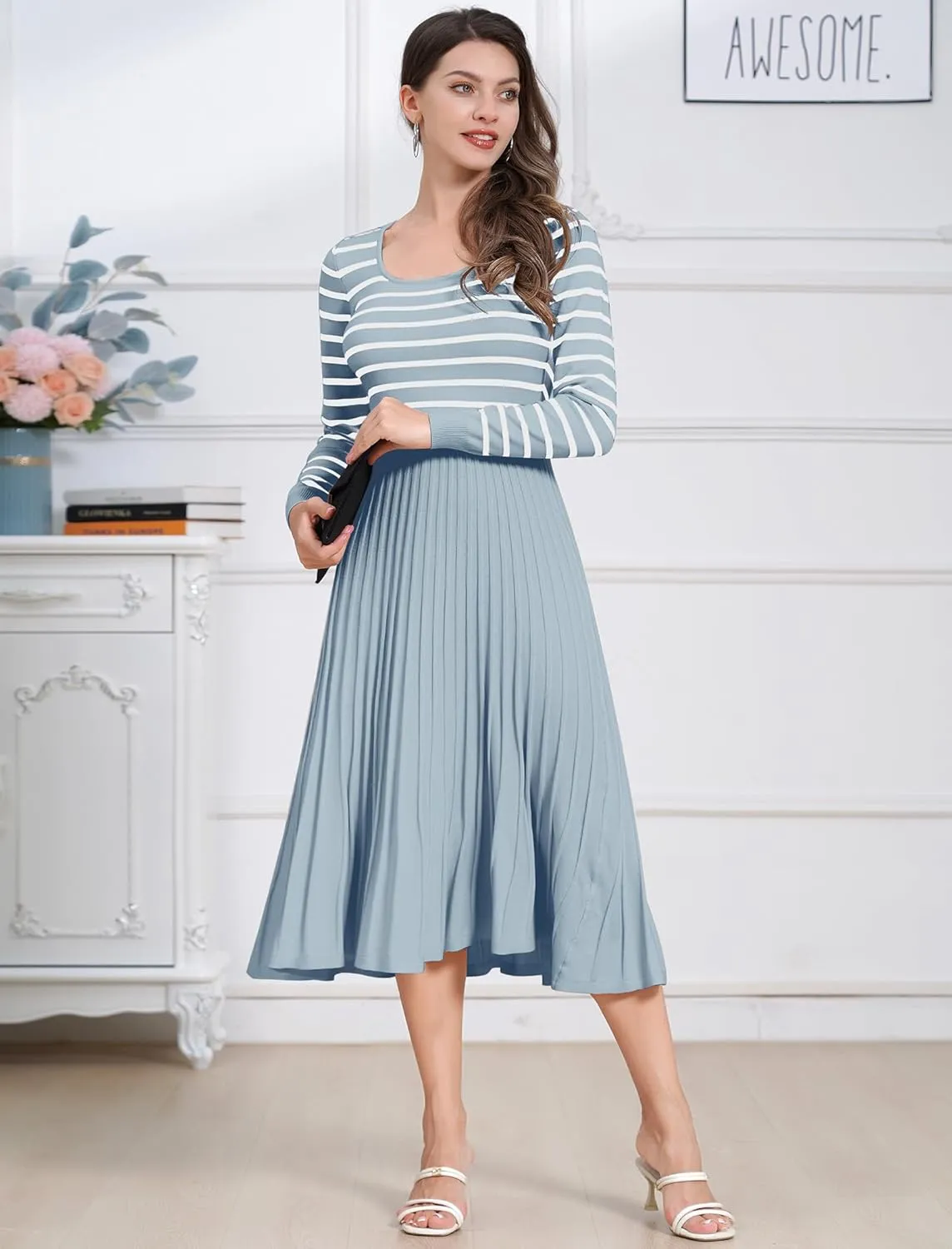 ODIZLI Women's Long Sleeve Knit Striped Sweater Dress Square Neck Pleated Ruffle Midi Dress Fall Winter