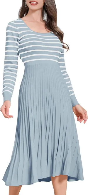 ODIZLI Women's Long Sleeve Knit Striped Sweater Dress Square Neck Pleated Ruffle Midi Dress Fall Winter