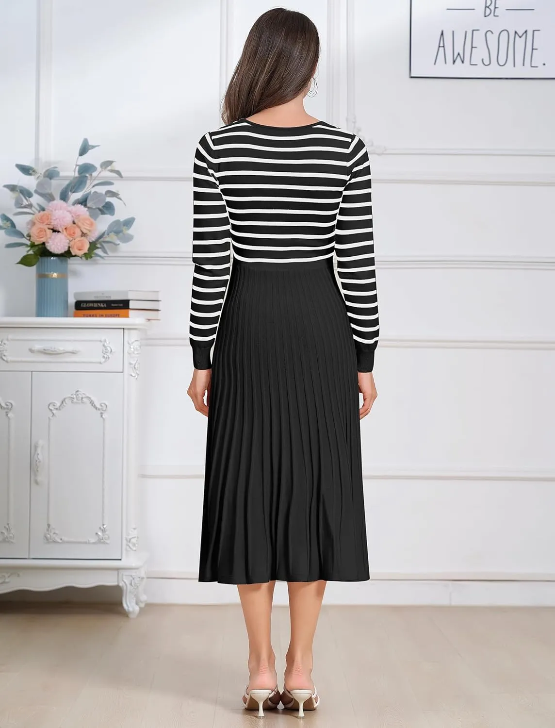 ODIZLI Women's Long Sleeve Knit Striped Sweater Dress Square Neck Pleated Ruffle Midi Dress Fall Winter