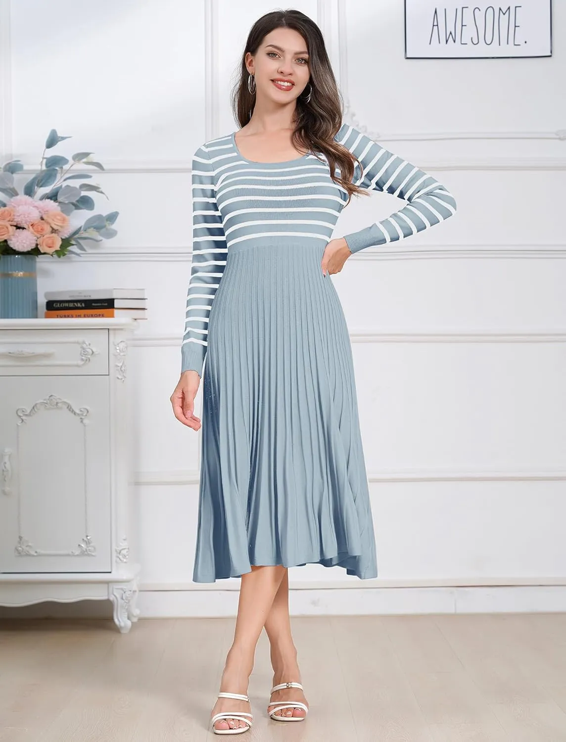 ODIZLI Women's Long Sleeve Knit Striped Sweater Dress Square Neck Pleated Ruffle Midi Dress Fall Winter