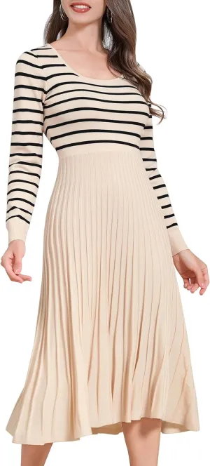 ODIZLI Women's Long Sleeve Knit Striped Sweater Dress Square Neck Pleated Ruffle Midi Dress Fall Winter