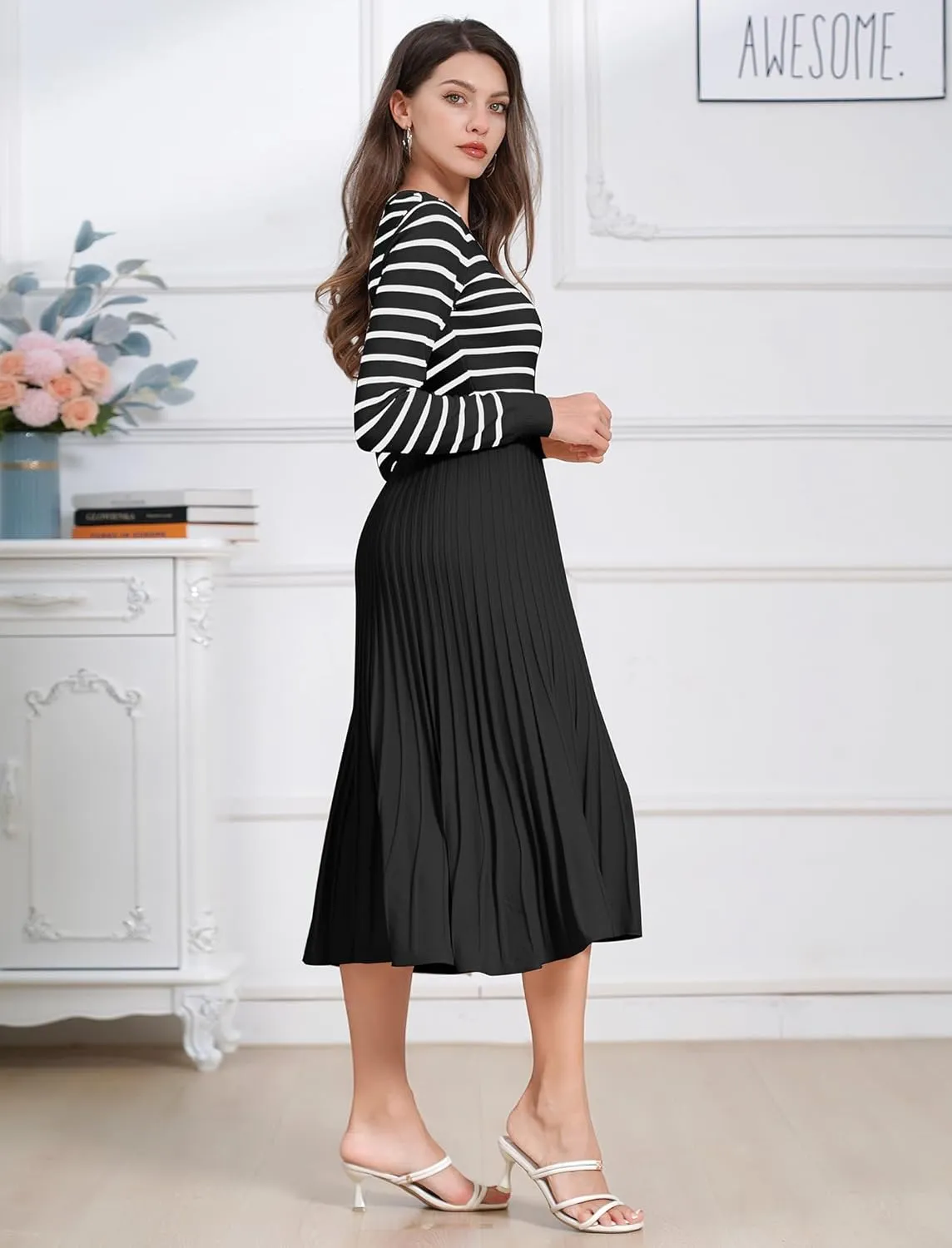 ODIZLI Women's Long Sleeve Knit Striped Sweater Dress Square Neck Pleated Ruffle Midi Dress Fall Winter