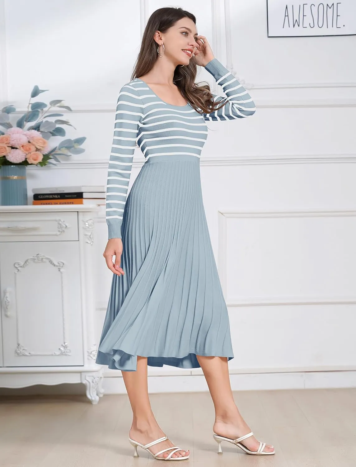 ODIZLI Women's Long Sleeve Knit Striped Sweater Dress Square Neck Pleated Ruffle Midi Dress Fall Winter
