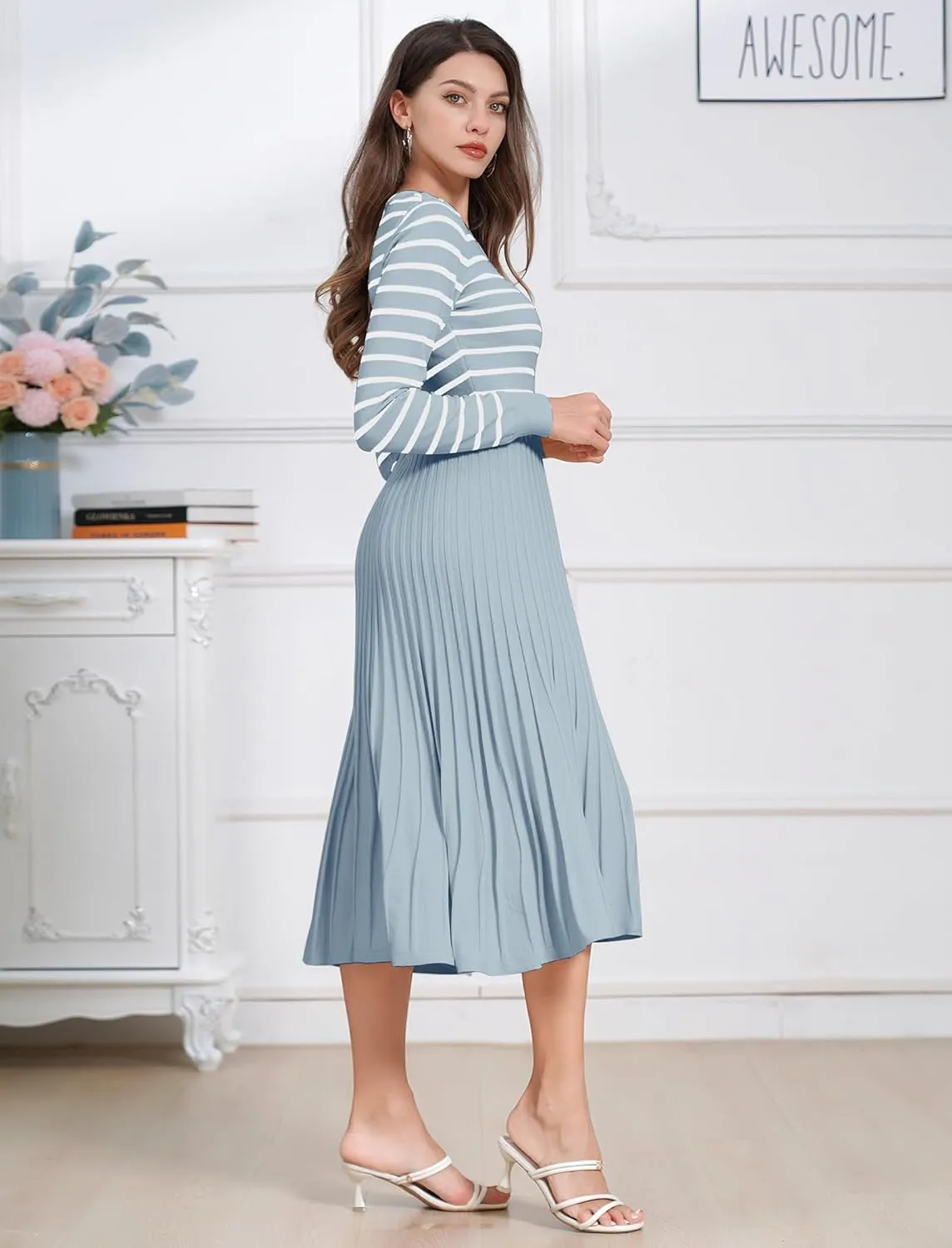 ODIZLI Women's Long Sleeve Knit Striped Sweater Dress Square Neck Pleated Ruffle Midi Dress Fall Winter