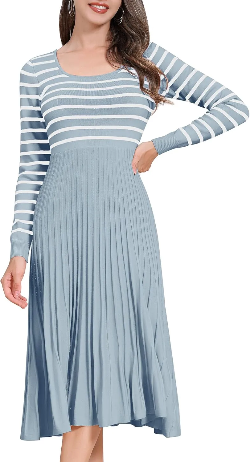ODIZLI Women's Long Sleeve Knit Striped Sweater Dress Square Neck Pleated Ruffle Midi Dress Fall Winter