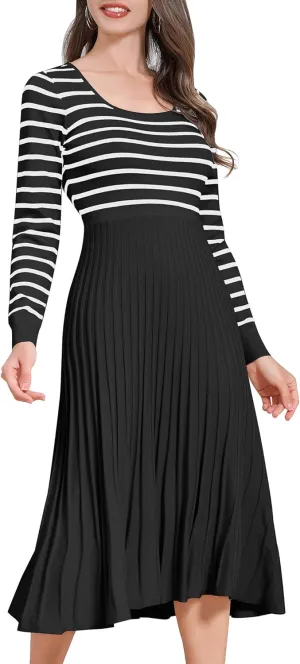 ODIZLI Women's Long Sleeve Knit Striped Sweater Dress Square Neck Pleated Ruffle Midi Dress Fall Winter