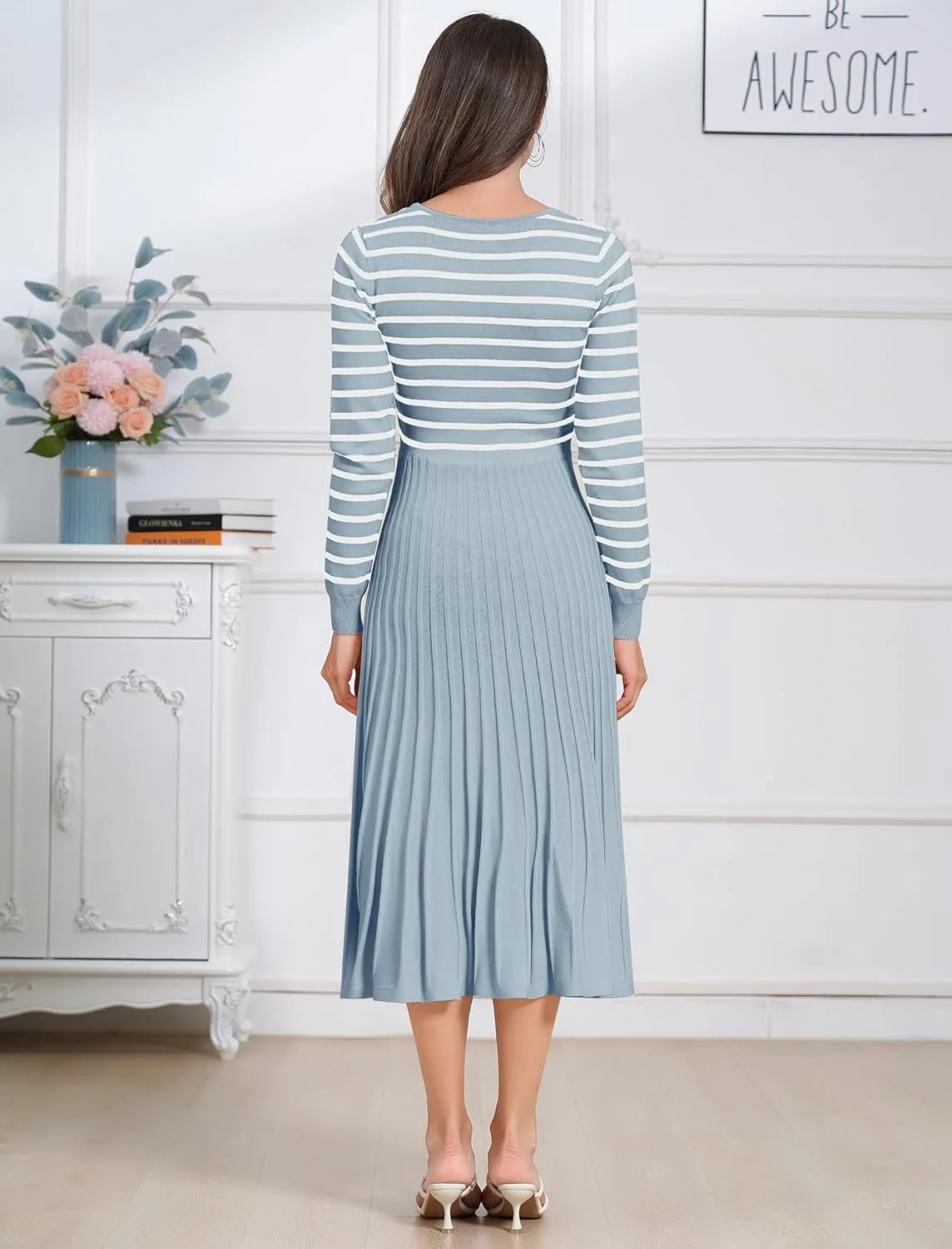 ODIZLI Women's Long Sleeve Knit Striped Sweater Dress Square Neck Pleated Ruffle Midi Dress Fall Winter