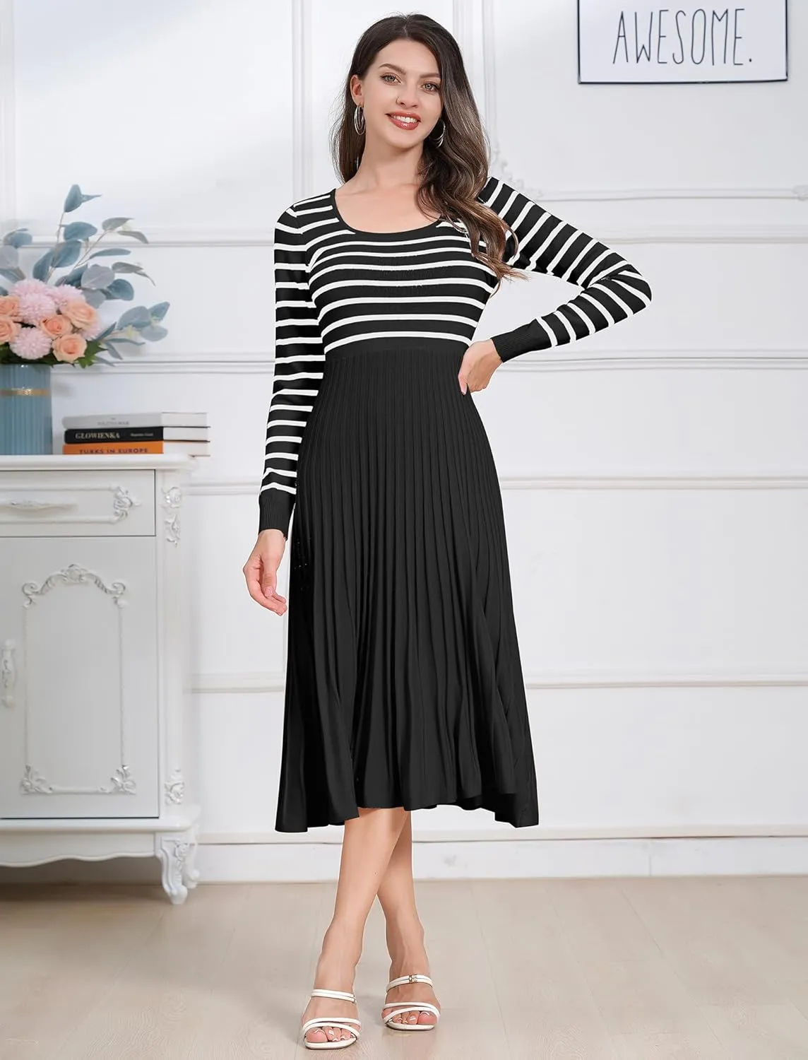 ODIZLI Women's Long Sleeve Knit Striped Sweater Dress Square Neck Pleated Ruffle Midi Dress Fall Winter