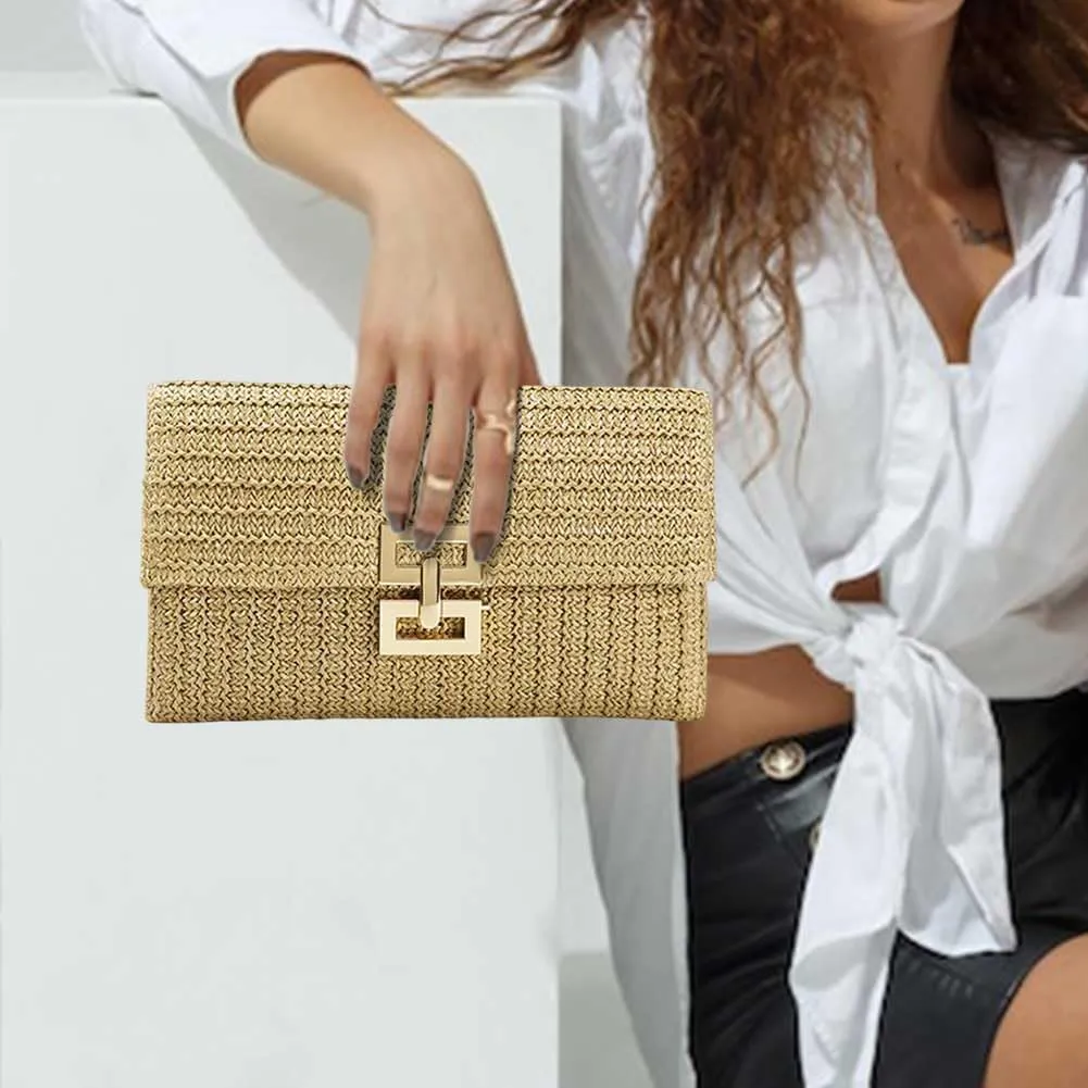 Orgone Straw Clutch Purse, Summer Beach Handbags, Boho Woven Envelope Wallet for Formal Evening Party Wedding