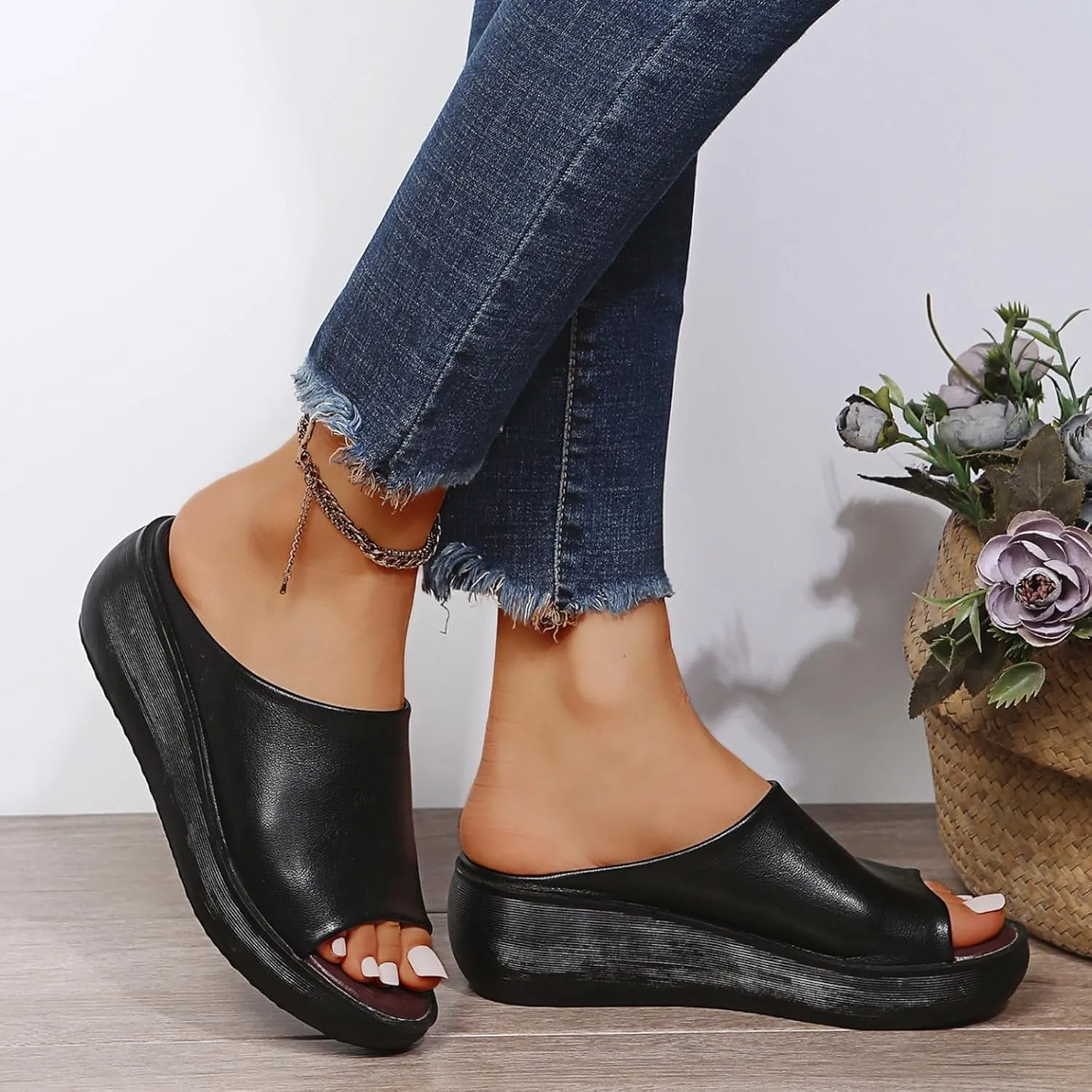 Orthopedic Sandals for Women Comfortable Orthotic Leather Wedges Sandals Platform Heel Slip On Sandal Arch Support Slides Summer Dressy Casual Walking Slippers Beach Vacation Shoes