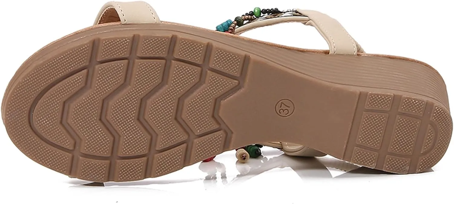 Orthopedic Wedge Sandals for Women Summer Dressy 2025 Casual Rhinestone Open Toe Espadrilles Comfortable Bohemian Sandals Wide Width Walking Dress Shoes for Party Casual Beach Vacation