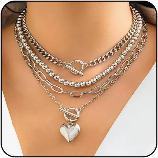 Otxas Layered Gold Necklace for Women Non Tarnish Chunky Gold Necklace Stack for Women Paperclip Chain Necklace for Women Retro Coin Medallion Heart Pendant Necklace Gold Jewelry Set