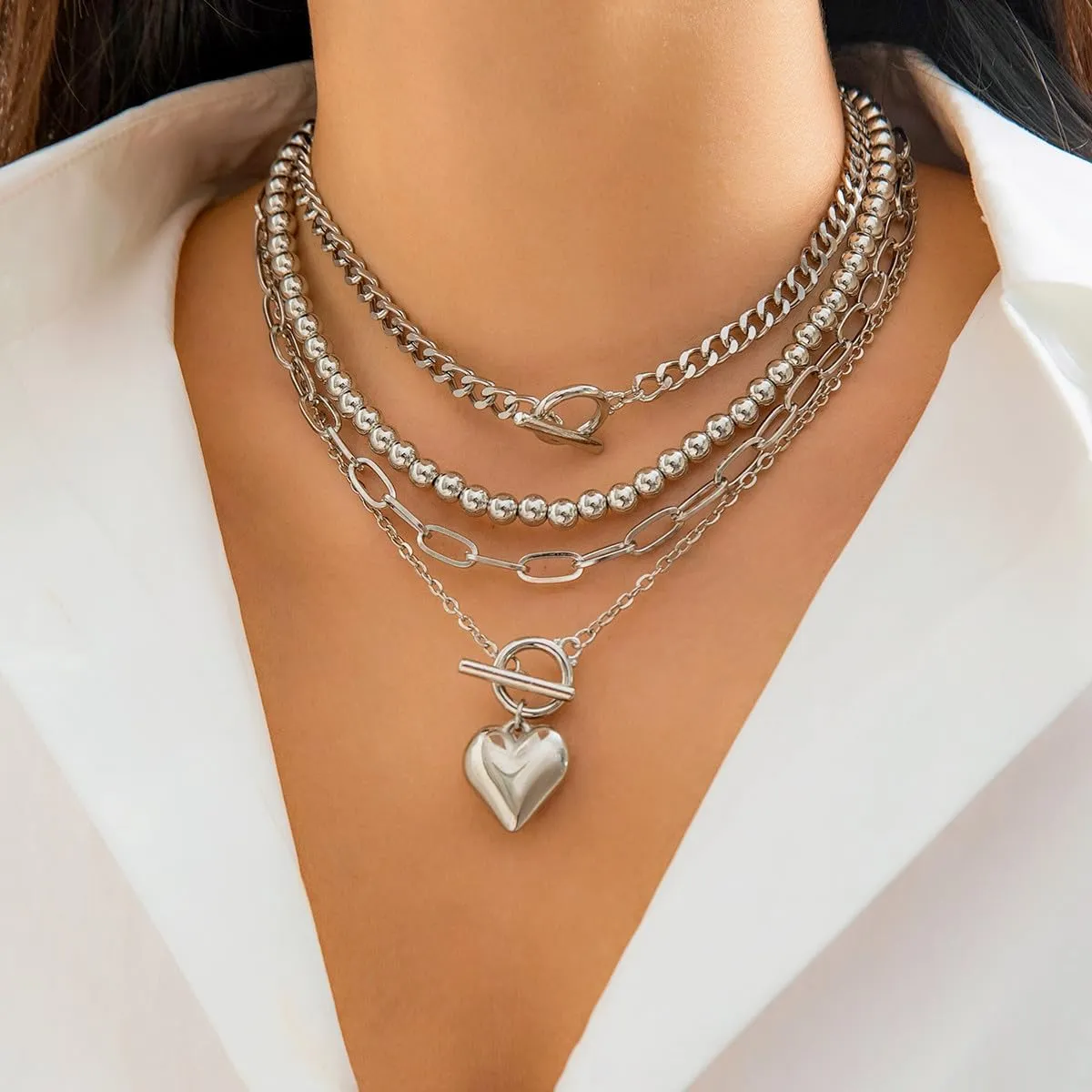 Otxas Layered Gold Necklace for Women Non Tarnish Chunky Gold Necklace Stack for Women Paperclip Chain Necklace for Women Retro Coin Medallion Heart Pendant Necklace Gold Jewelry Set