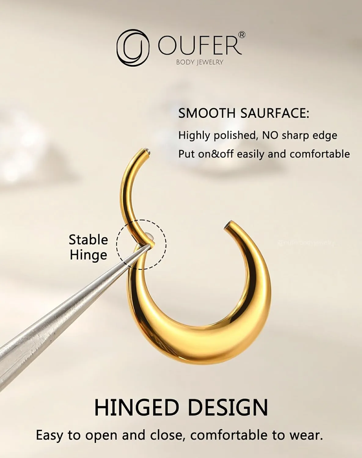 OUFER Titanium Septum Rings, 16G Septum Jewelry, Clicker Septum Nose Piercing Jewelry Hoops, Silver Gold Hinged Segment Daith Piercing Jewelry for Women Men-8mm/10mm