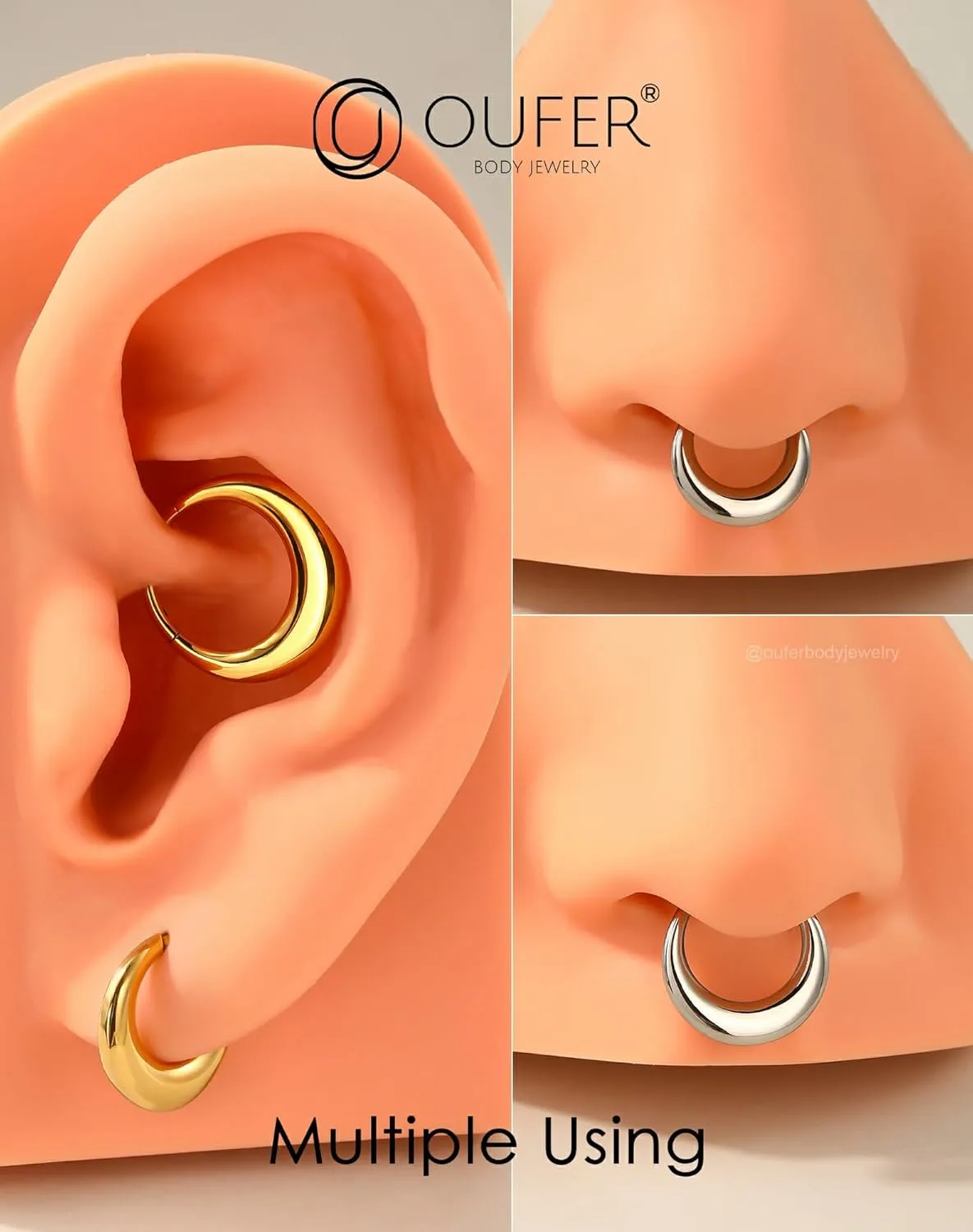 OUFER Titanium Septum Rings, 16G Septum Jewelry, Clicker Septum Nose Piercing Jewelry Hoops, Silver Gold Hinged Segment Daith Piercing Jewelry for Women Men-8mm/10mm