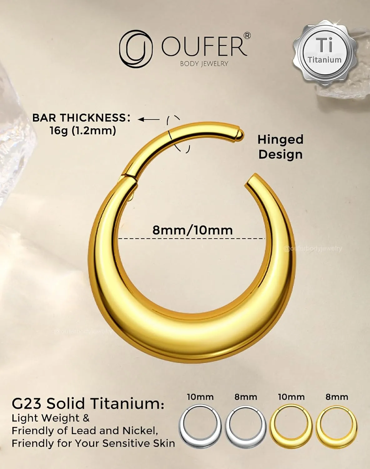 OUFER Titanium Septum Rings, 16G Septum Jewelry, Clicker Septum Nose Piercing Jewelry Hoops, Silver Gold Hinged Segment Daith Piercing Jewelry for Women Men-8mm/10mm