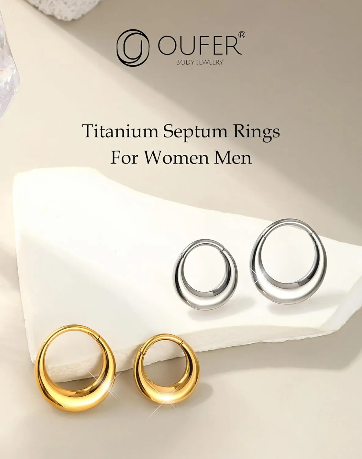 OUFER Titanium Septum Rings, 16G Septum Jewelry, Clicker Septum Nose Piercing Jewelry Hoops, Silver Gold Hinged Segment Daith Piercing Jewelry for Women Men-8mm/10mm