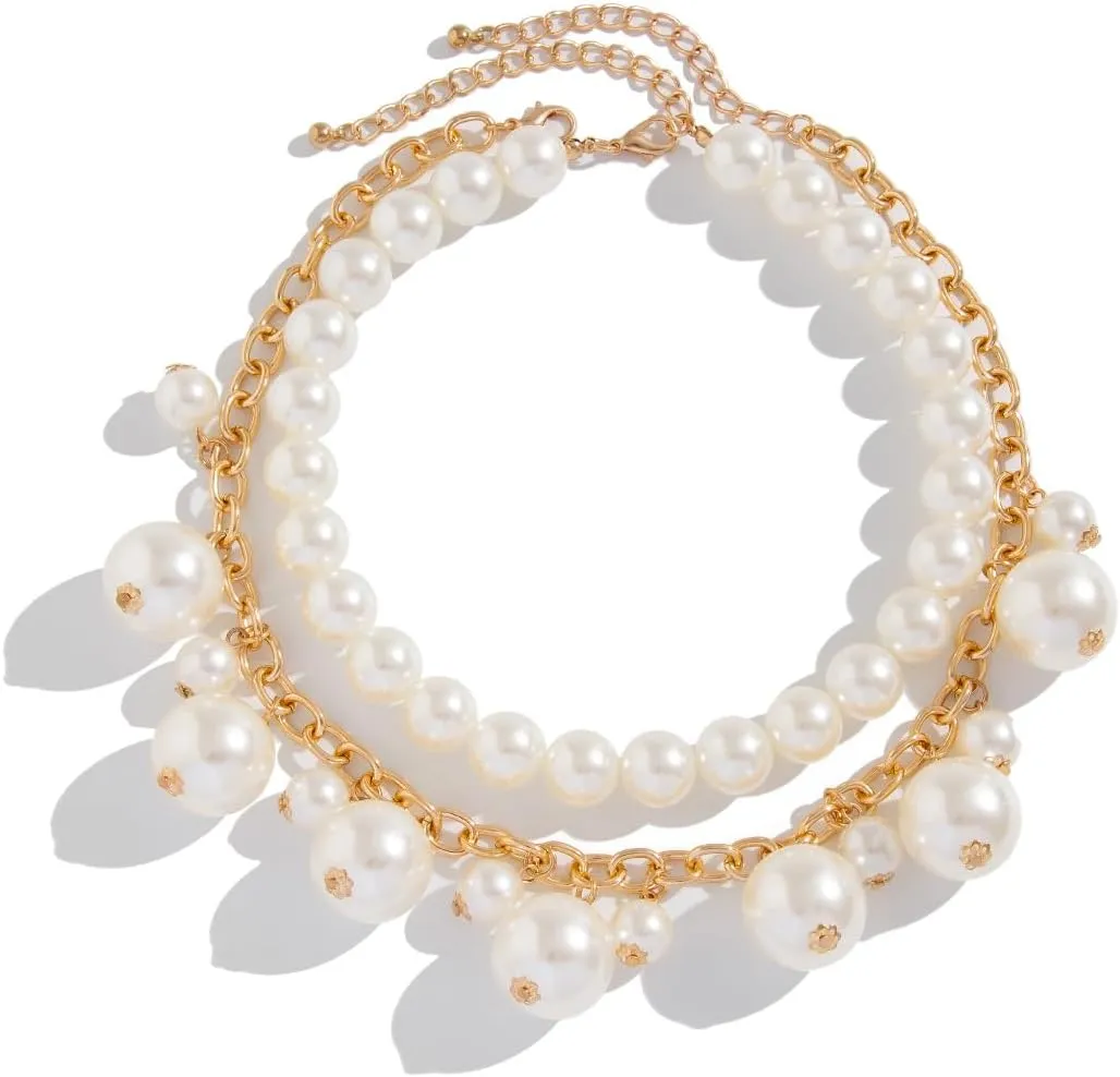 Pearl Necklace for Women Chunky Pearl Layered Necklace Exaggerated Large Pearl Choker Necklace Dainty Big Stacked Pearl Necklace Statement Bride Wedding Jewelry