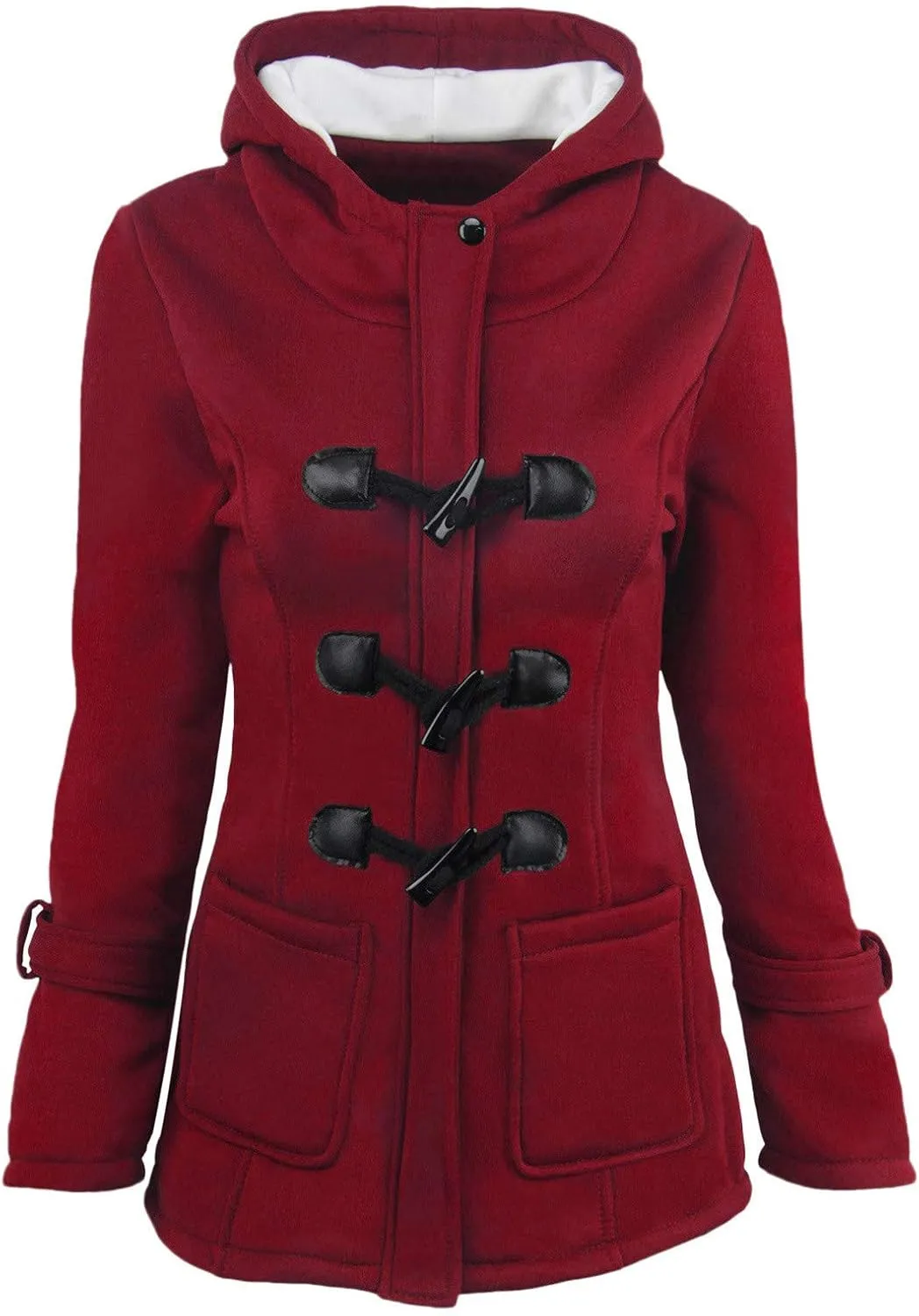 PeQAQ Womens Winter Warm Coats Fashion Horn Button Fleece Thicken Hooded Jacket Trendy Casual Slim Trench Coat Overcoat