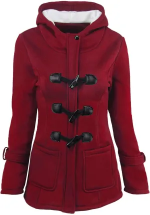 PeQAQ Womens Winter Warm Coats Fashion Horn Button Fleece Thicken Hooded Jacket Trendy Casual Slim Trench Coat Overcoat