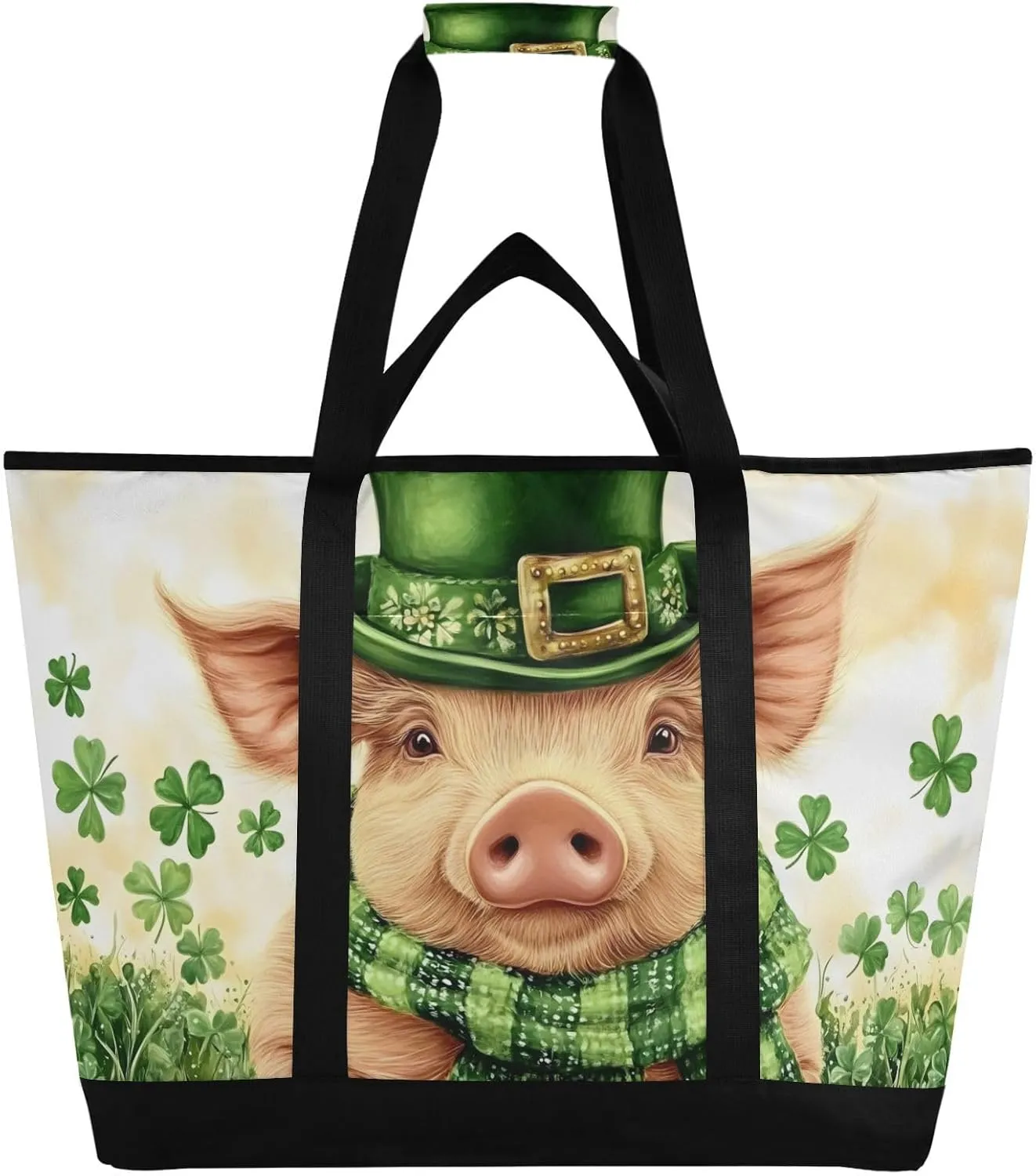 Pig Cute Stpatricks Day Large Insulated Tote Bag for Grocery Shopping Reusable Tote Bags for Women Men, Cooler Bag with Zippered Top & Handles for Beach Picnic Travel