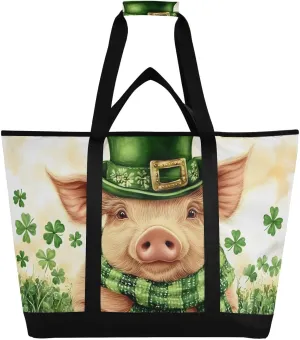 Pig Cute Stpatricks Day Large Insulated Tote Bag for Grocery Shopping Reusable Tote Bags for Women Men, Cooler Bag with Zippered Top & Handles for Beach Picnic Travel