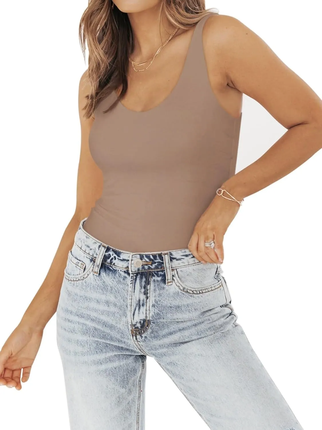 PINKMSTYLE Womens Basic Double Lined V Neck Tank Tops Slimming Workout Summer Tops Sleeveless Shirts