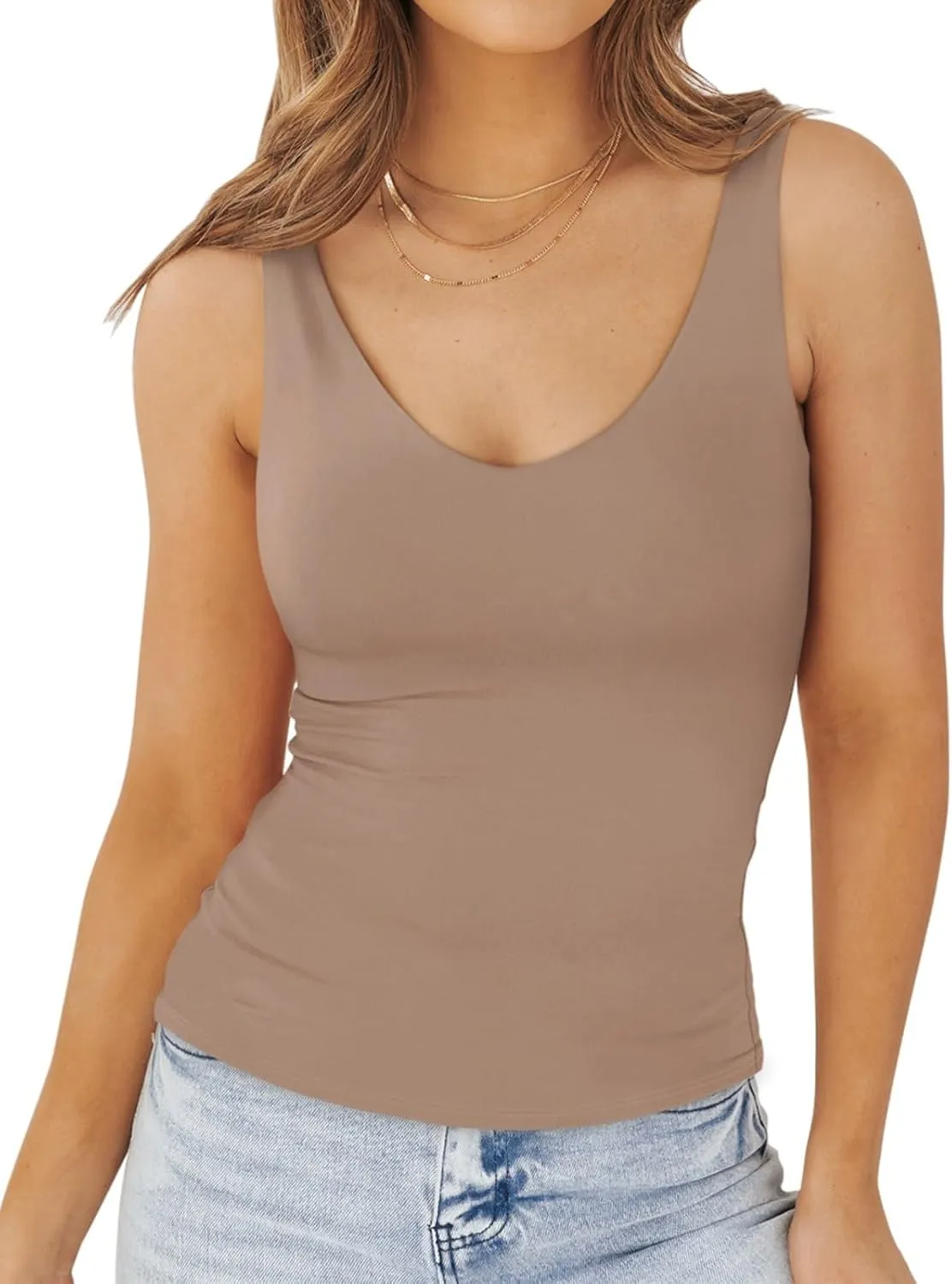 PINKMSTYLE Womens Basic Double Lined V Neck Tank Tops Slimming Workout Summer Tops Sleeveless Shirts