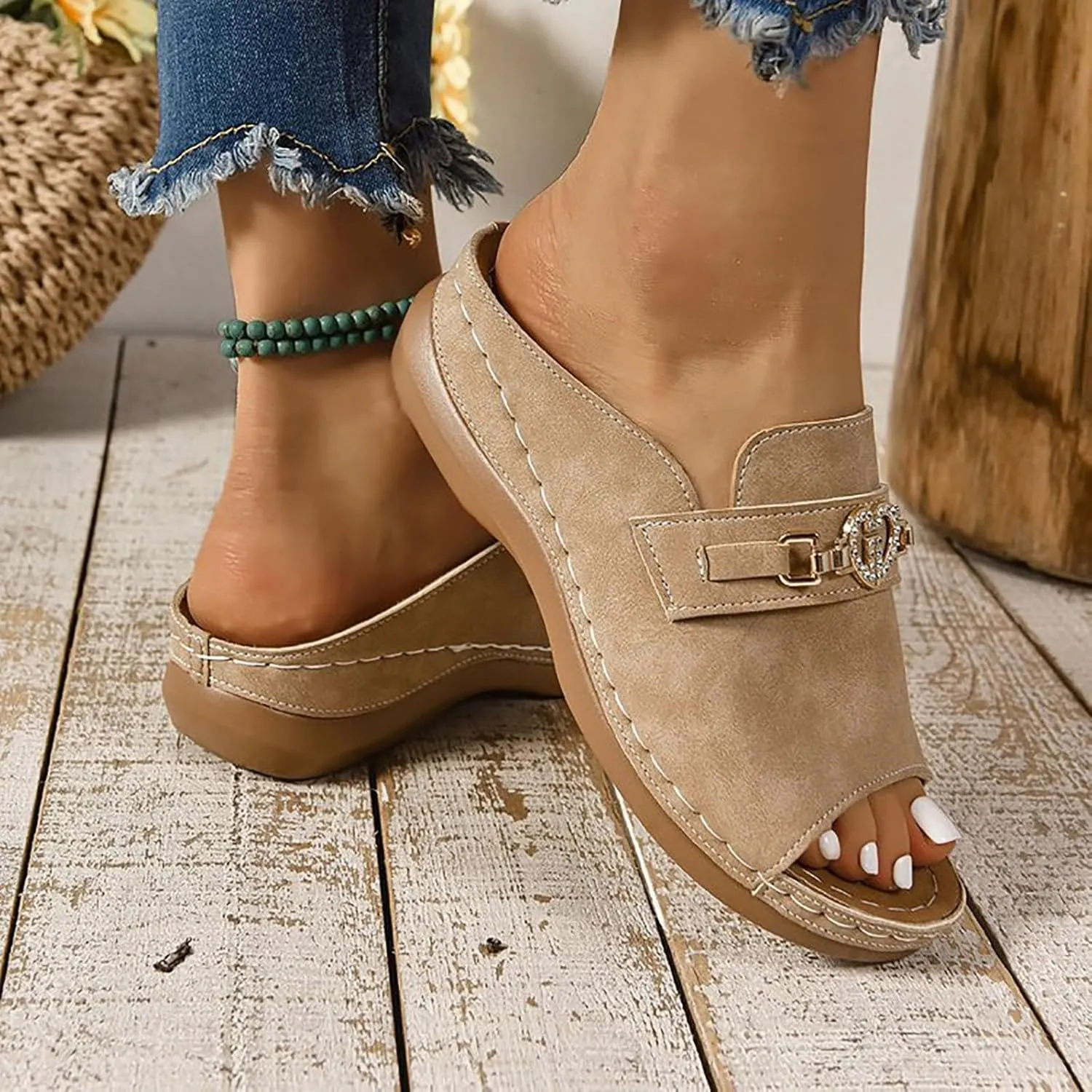 Platform Slip on Espadrille Sandals for Women Casual Wide Leather Orthopedic Walking Fish Shoes Women Sandals Dressy Comfortable Beach Vacation Travel Walking Party Dress Sandals