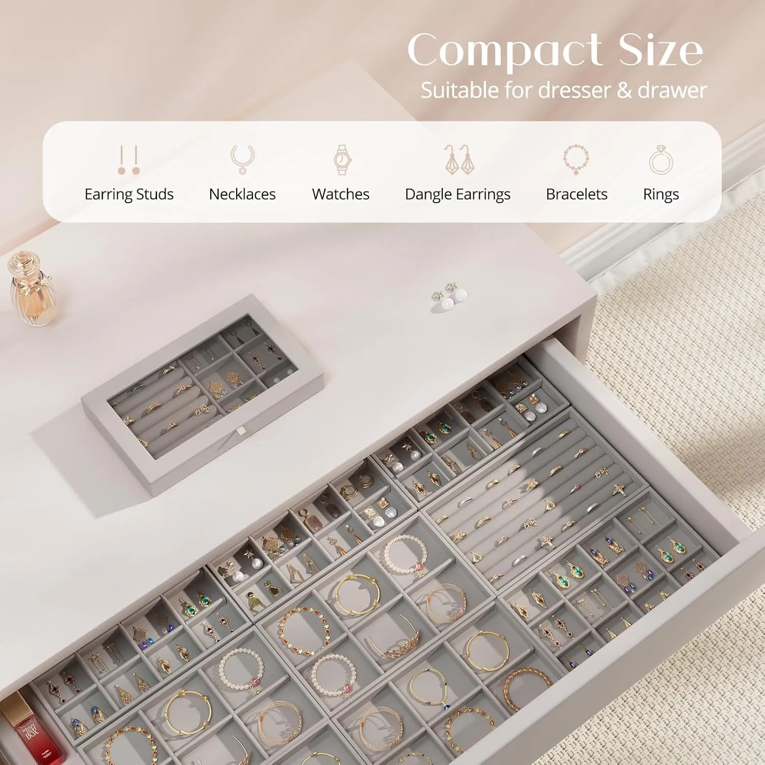 ProCase Jewelry Organizer Tray Jewelry Storage Box, Stackable Velvet Jewelry Drawer Organizer Inserts Earring Holder for Stud Earring Necklace Rings Bracelet -Grey, 10 Layers, Small