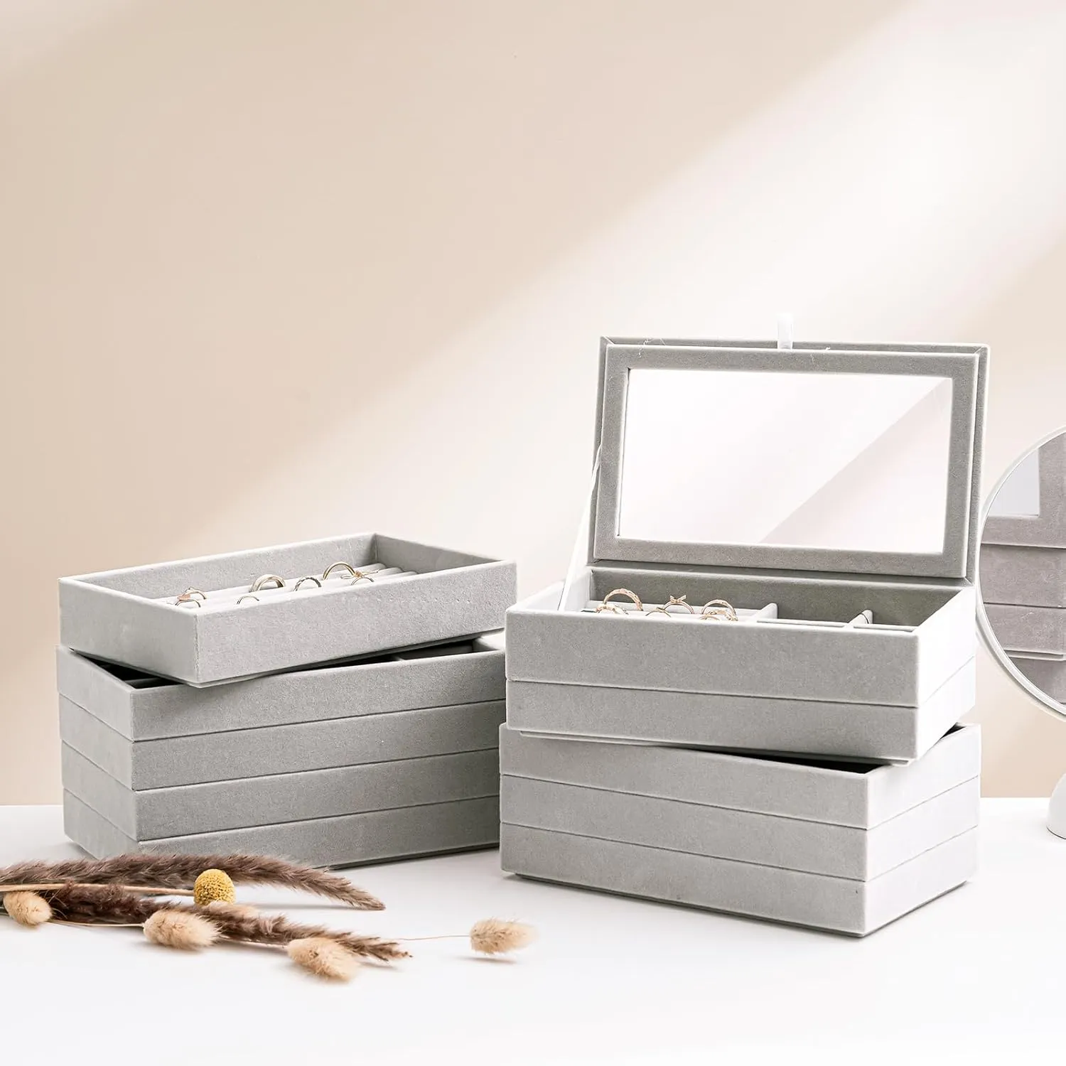 ProCase Jewelry Organizer Tray Jewelry Storage Box, Stackable Velvet Jewelry Drawer Organizer Inserts Earring Holder for Stud Earring Necklace Rings Bracelet -Grey, 10 Layers, Small
