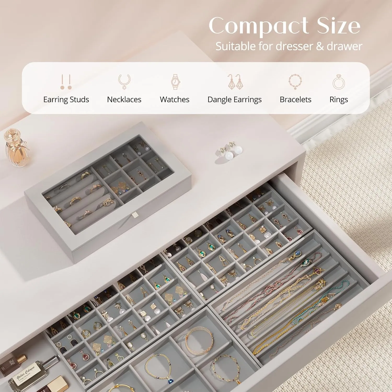 ProCase Jewelry Organizer Tray Jewelry Storage Box, Stackable Velvet Jewelry Drawer Organizer Inserts Earring Holder for Stud Earring Necklace Rings Bracelet -Grey, 5 Layers, Large