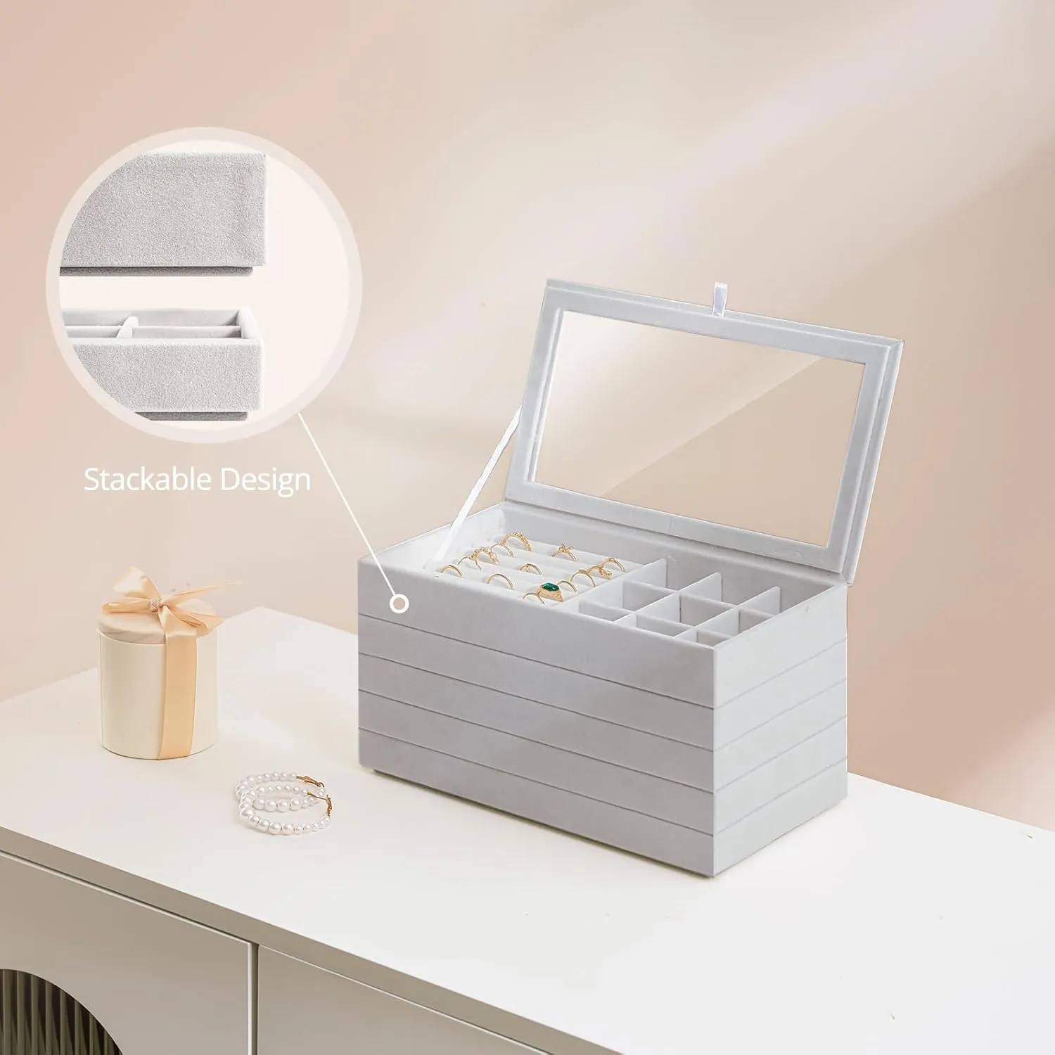 ProCase Jewelry Organizer Tray Jewelry Storage Box, Stackable Velvet Jewelry Drawer Organizer Inserts Earring Holder for Stud Earring Necklace Rings Bracelet -Grey, 5 Layers, Large