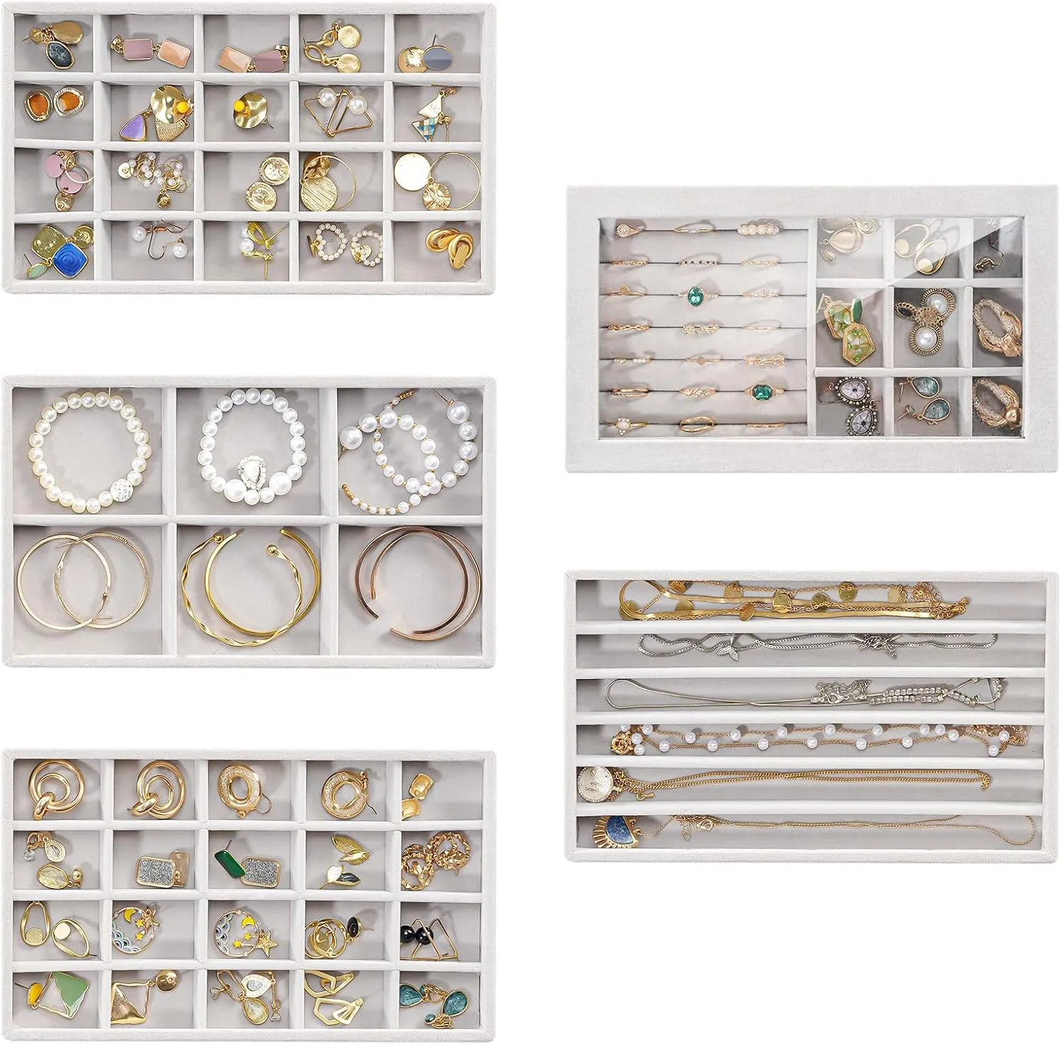 ProCase Jewelry Organizer Tray Jewelry Storage Box, Stackable Velvet Jewelry Drawer Organizer Inserts Earring Holder for Stud Earring Necklace Rings Bracelet -Grey, 5 Layers, Large