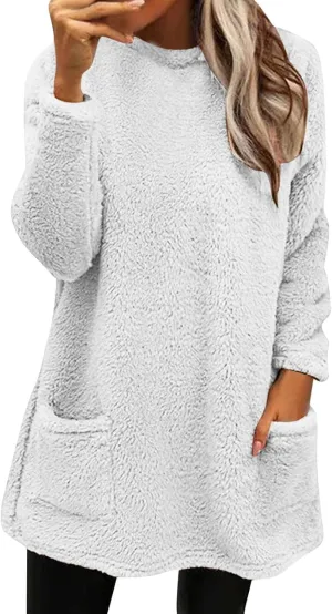 Pullover Hoodie Winter Fleece Thermal Long Hoodie with Pockets Crew Neck Long Sleeve Solid Soft Oversized Sweatshirt