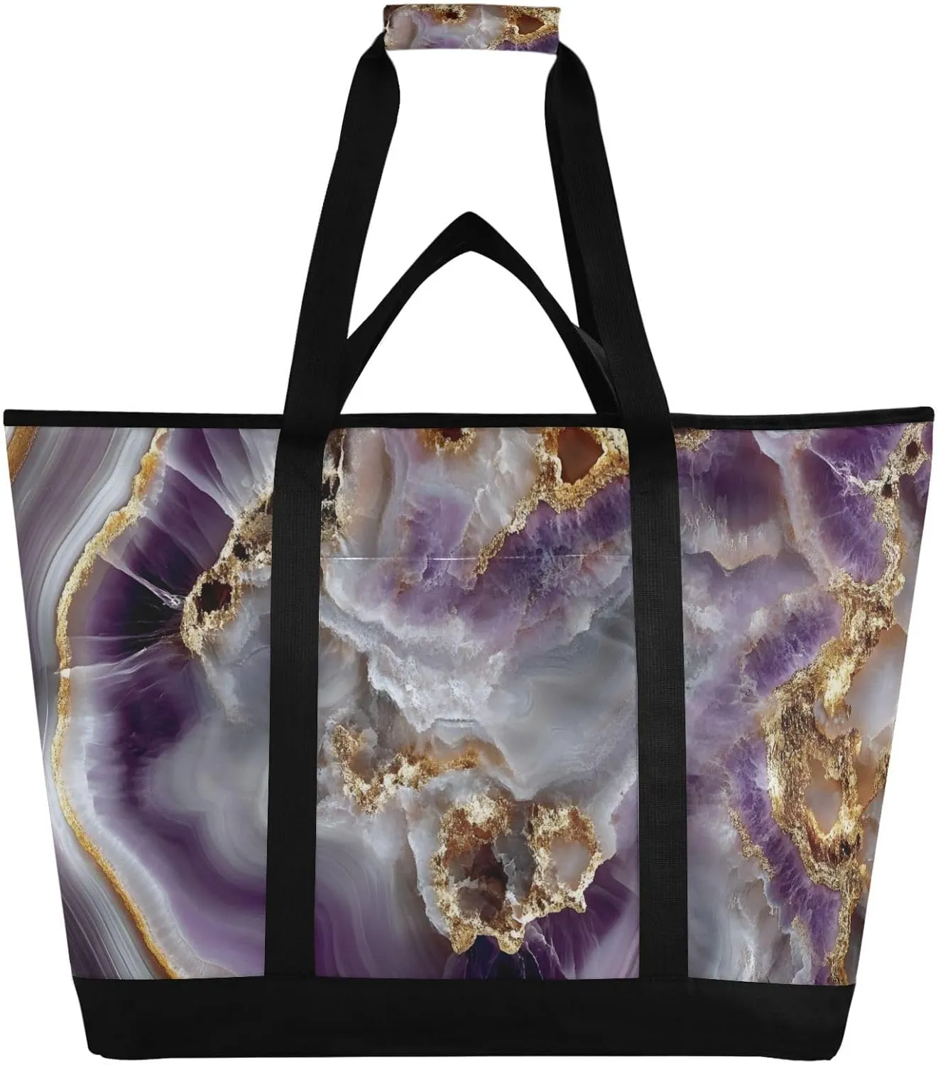 Purple Gold Marble Large Insulated Tote Bag for Grocery Shopping Reusable Tote Bags for Women Men, Cooler Bag with Zippered Top & Handles for Beach Picnic Travel