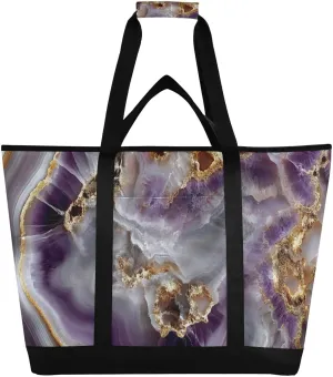 Purple Gold Marble Large Insulated Tote Bag for Grocery Shopping Reusable Tote Bags for Women Men, Cooler Bag with Zippered Top & Handles for Beach Picnic Travel