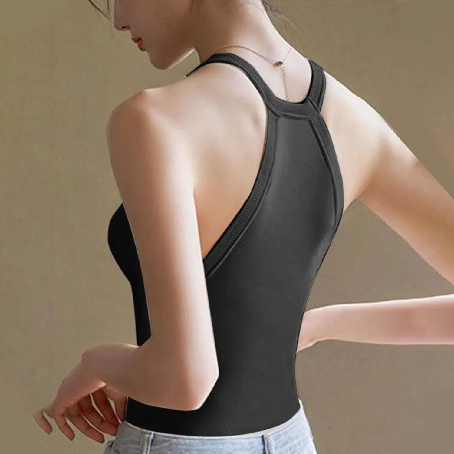 Racerback Ribbed Tank Tops for Women Round Neck Shapewear Built-in Bra Tank High Strechy Fitted Tank Tops Undershirt