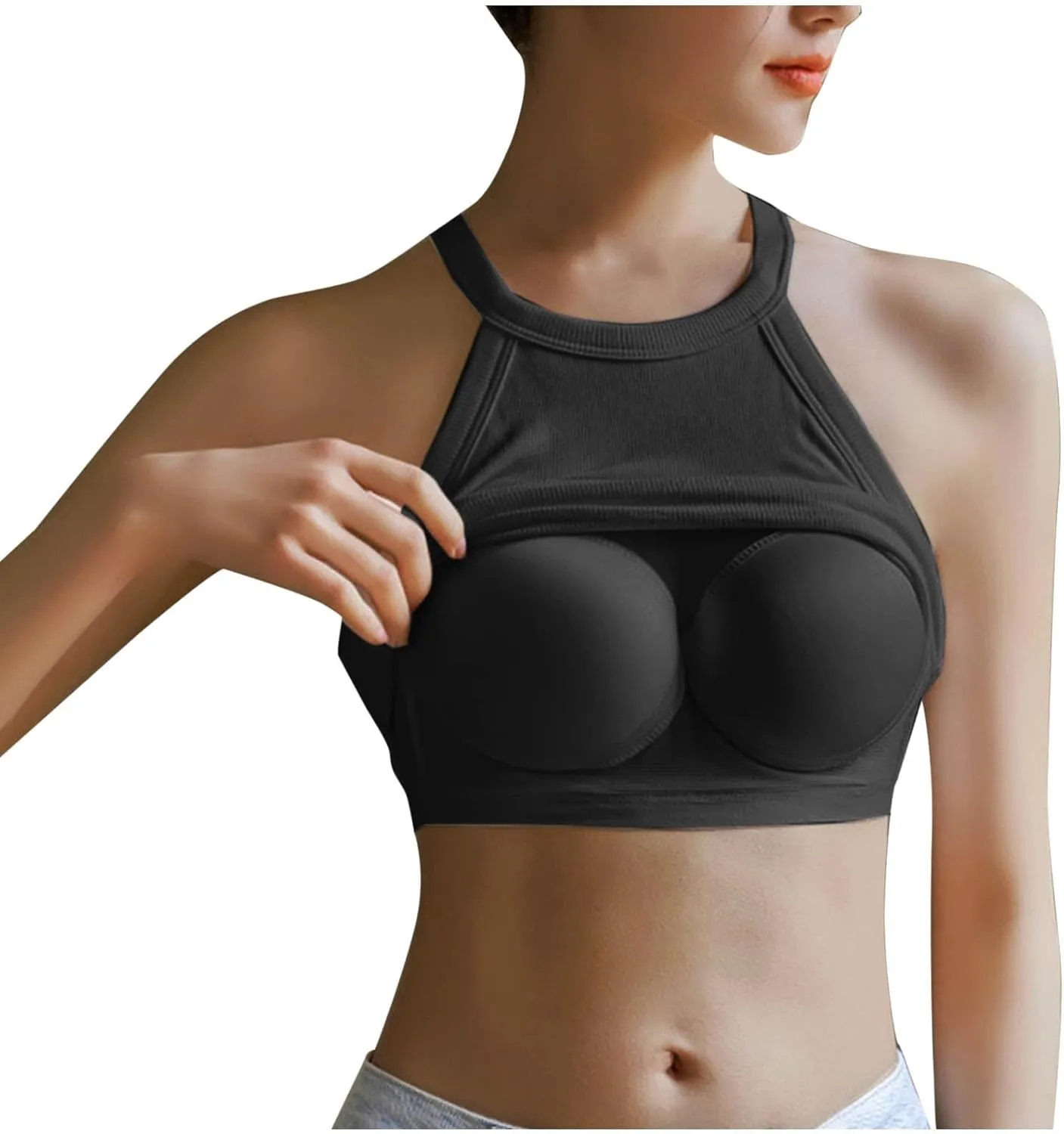 Racerback Ribbed Tank Tops for Women Round Neck Shapewear Built-in Bra Tank High Strechy Fitted Tank Tops Undershirt