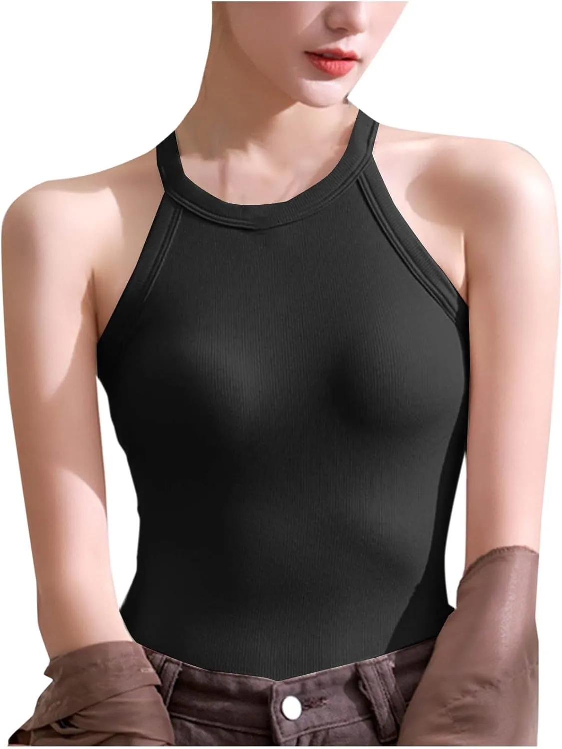 Racerback Ribbed Tank Tops for Women Round Neck Shapewear Built-in Bra Tank High Strechy Fitted Tank Tops Undershirt